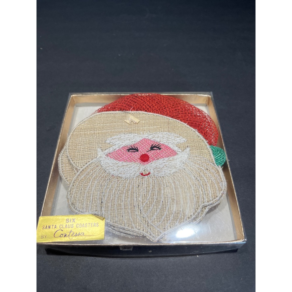 Vintage Contessa Santa Claus Coasters Set of 6 Woven Raffia Christmas Decor